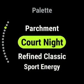 The palette picker on the Court Night palette, black with a lime highlight.